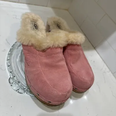 UGG Australia Kalie Sherpa Lined Studded Wooden Clogs Womens 9 Pink Suede • $39