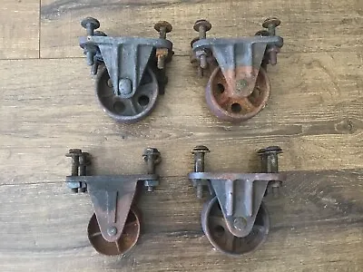 Vintage Industrial Factory Cart Wheels Set Of 4 Cast Iron Steam Punk W/ Bolts • $115