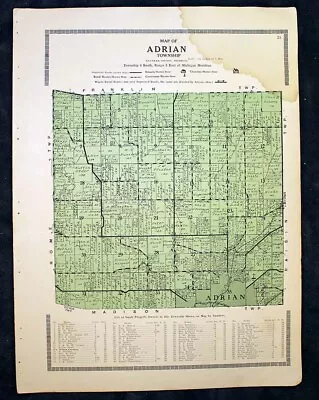 Adrian Township Antique Plat Map 1921 Lenawee County Michigan • $17.95