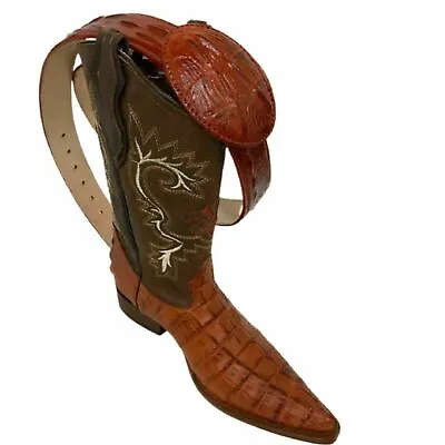 Men's Cowboy Crocodile Print Leather Western Snip Toe Boots With Matching Belt • $105.99