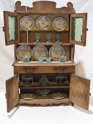 Antique Toy Cupboard / Hutch With Original Glass Ware & China Plates C. 1900 • $750