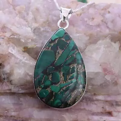 Copper Malachite 925 Sterling Silver Loop Handmade Jewelry Pendant Of 55 Mm • £15.49