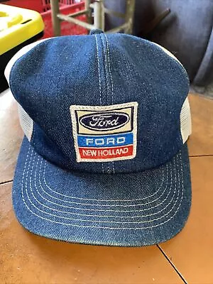 Ford New Holland Denim Vtg Snapback Mesh Back Trucker Cap Hat K Brand USA Made • $39.99