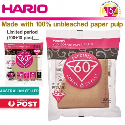 HARIO V60 Unbleached Coffee Paper Filter 02 M 100 110 Sheets 1-4Cups VCF-02-100M • $19.46