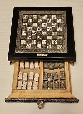 Wood Chess Set Mayan Art  Artesanias Mexicanas Aztec Art 8.5 X 8.5 White & Grey • $99