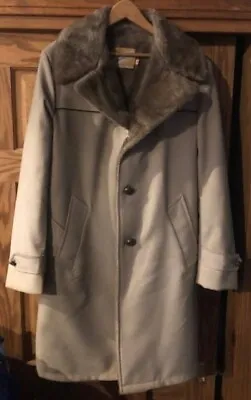 Vintage Weathercaster Mens 38 Coat Beige Brown Faux Fur Lined Trench Poly Blend • $39.50