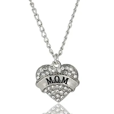 Mom Necklace Silver Crystal Heart Pendant Chain Necklace Gift Bag UK • £4.49