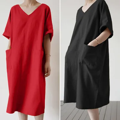 $20.80 • Buy Women Summer 100%Cotton Sundress Plain Solid Basic Dresses Ladies Midi Dress AU