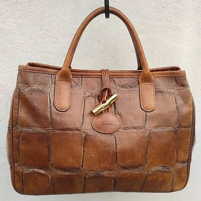 Longchamp Roseau Brown Tortoise Pattern Embossed Leather Tote Satchel Handbag • $149