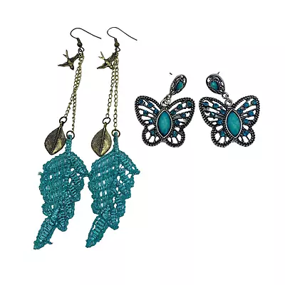 Lot Of 2 Pair Earrings Pierced Butterfly Leaves Brass Silvertone Turquoise Blue • $9.99