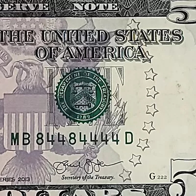 Binary Six Of A Kind 4s Fancy Serial Five Dollar Bill MB84484444D DC Run 14 • $35