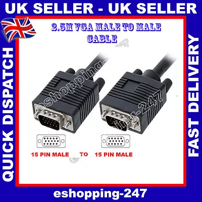 New Black 2.5M Male To Male  SVGA VGA Computer Laptop Monitor TV LCD Cable Lead • £3.63