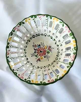 Hand Painted Signed Portugal Ceramic Bowl Lattice Reticulated Floral • $12.95