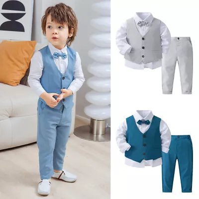 Boys Suits Page Boy Bow Tie Suit Grey Navy Suit Wedding Party Baby Boys 4 Piece • £23.89