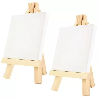 2 MINI CANVAS & EASEL 7cm X 7cm White Painting Cute Small Table Sign Art Craft • £6.52