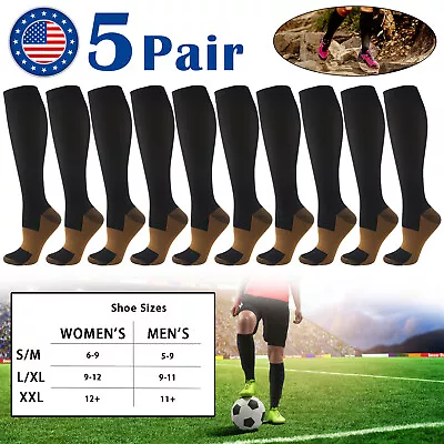 5 Pairs Copper Compression Socks 20-30mmHg Graduated Support Mens Womens S/M-XXL • $10.44