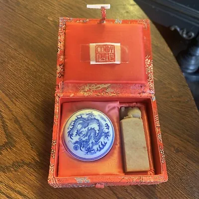 Vintage Chinese Soapstone Foo Dog Stamp Kit With Red Ink Porcelain Container • $15.99