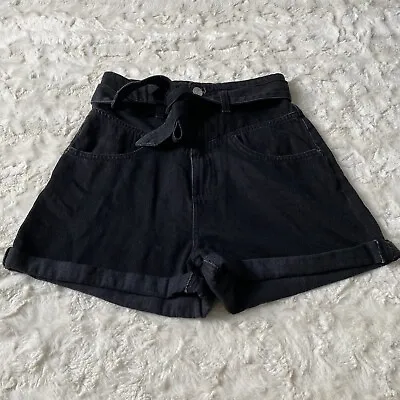 Zara Women's Size 4 Black Wash Belted High Waisted Cuffed Denim Shorts • $16.24