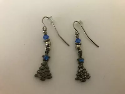 $5.62 • Buy Vintage CHRISTMAS TREES Fashion Costume Dangle Earrings W/ Blue Stones 