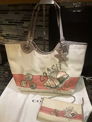 Coach Canvas Sea Shell Coral Reef Resort Bling Bag Tote 19273 & Wristlet • $189.99