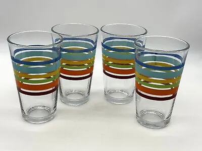 VTG Libbey Set Of 4 Glasses 16 Oz Striped Fiesta Rainbow Mambo Tea Tumblers MCM • $27.50
