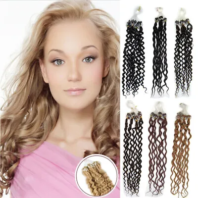 Micro Ring Beads Loop Tip Remy Human Hair Extensions Deep Curly Hair100-200s20in • $36