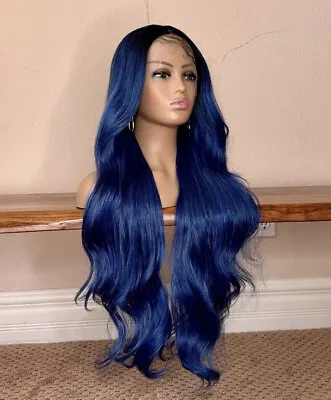 Lace Front Wig Blue Ombré Black Wavy Layered 26 Inch Long Heat Ok • $55