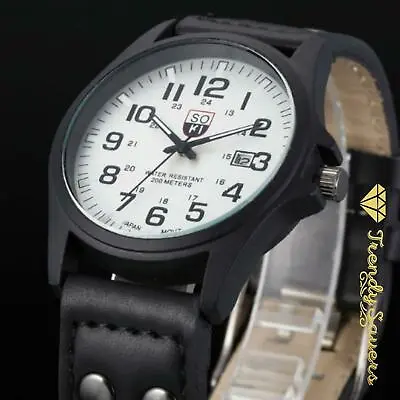 Men’s Military Watch Leather Date Quartz Analog Army Casual Dress Watch 2024 • £5.49