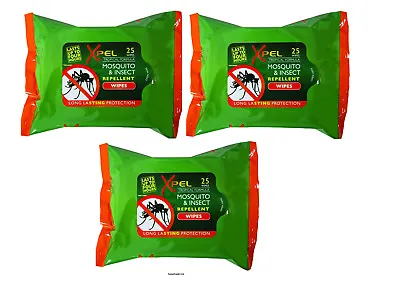 XPEL Mosquito & Insect Repellent Wipes Long Lasting Protection - 25 Wipes X 3 • £7.48