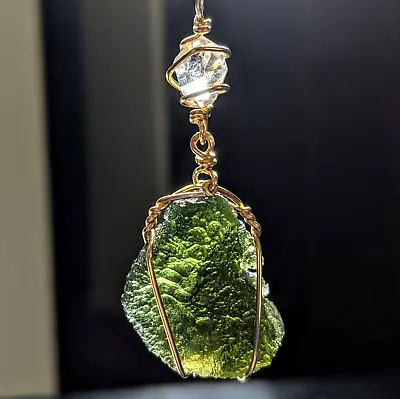 MOLDAVITE & HERKIMER DIAMOND Pendant LARGE IN REAL GOLD Synergy 12 NECKLACE • $391.20