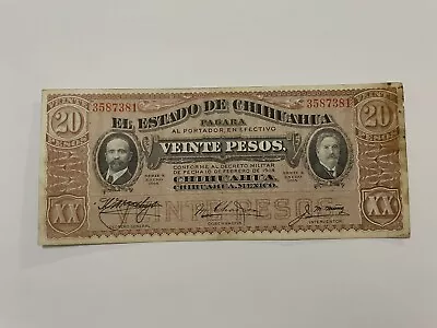 MEX Bank Notes: El Estado De Chihuahua 20 Peso 1915 Series K No. 3587381 MDV-E • $3.25