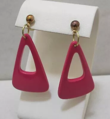 Lightweight Vtg Bright Pink Plastic Triangle Cutout Dangles Rose Gold Earrings • $10.98