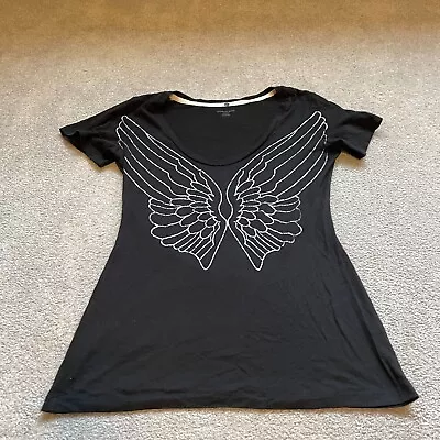 Victorias Secret Shirt Womens Medium Black Silver Angel Wings Graphic Scoop Y2K • $19.99