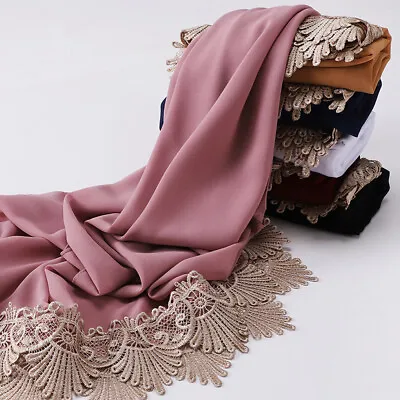 Fashion Lace Hijab Scarf For Women Chiffon Scarf Female Islamic Head Wrap Shawl • £12.14