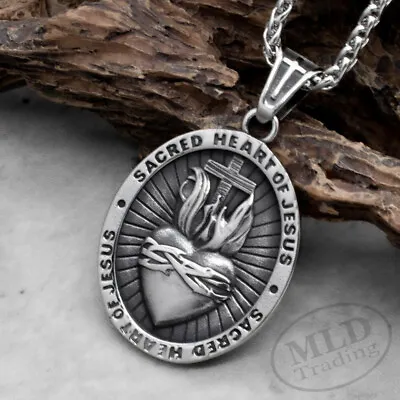 Silver Stainless Steel Holy Sacred Heart Of Jesus Medal Cross Pendant Necklace • $16.99