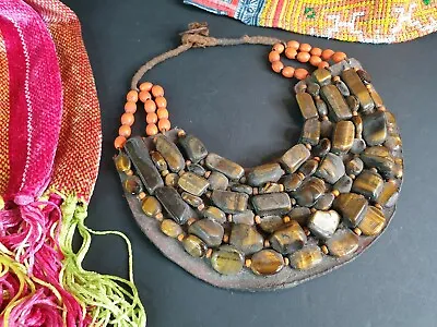 Old Nagaland Tribal Leather With Gold Stone & Orange & Brown Beaded Necklace... • $143.53