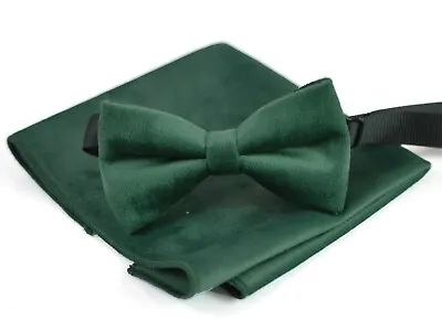 Emerald Green Velvet Bow Tie + Pocket Square  Hanky For Men / Youth / Boys Kids  • $5.12