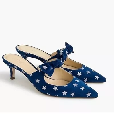 J. Crew Women Sophia Kitten Heel Star Print Y2k Slip On Blue Silver Size 7.5 • $62.30