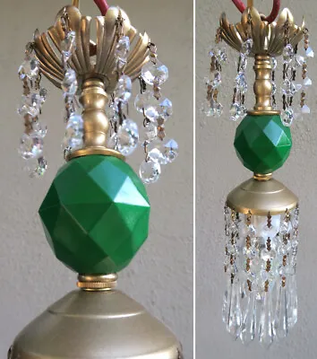 Vintage Lucite Emerald Green SWAG Lamp Chandelier Crystal Beaded Prism Glow Lite • $78