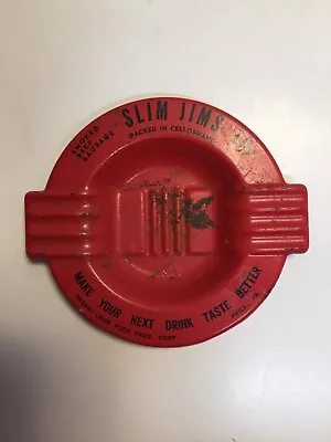 Retro Metal Ashtray Slim Jims 10 Cent Smoked Beef Sausage Advertising Vintage • $7.15