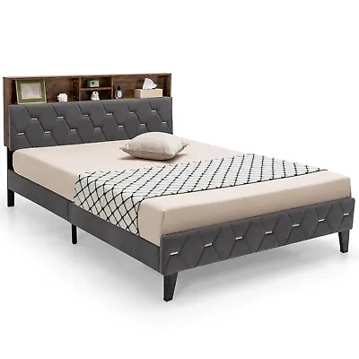 Double Size Bed Frame Upholstered Platform Bed Slat Support W/ Storage Headboard • £159.95