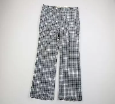 Vtg 70s Rockabilly Mens 36x32 Checkered Plaid Knit Bell Bottoms Chino Pants USA • $134.21