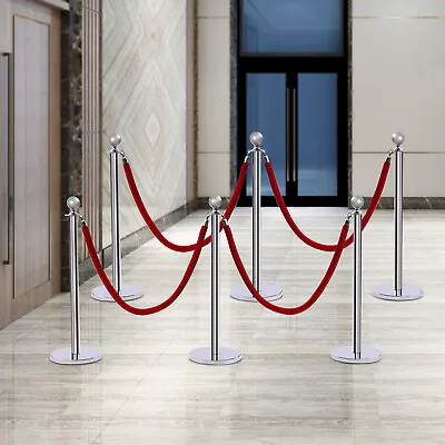 6Pcs Stanchion Posts Queue Crowd Control Barriers Set With Red Velvet Rope • $76.23