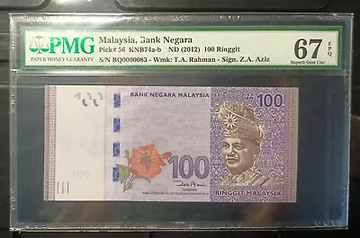 Malaysia Banknote Rm100 Pmg67epq Low Number Bq0000083 Zeti Gabenor • $118