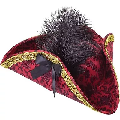 Red Pirate Tricorn Hat With Feather Jack Sparrow Fancy Dress Caribbean Costume • £13.99