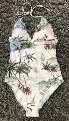 MODCLOTH  The Brenda  One-Piece Swimsuit White Tropical / Sailboats Sz M NEW • $13.56