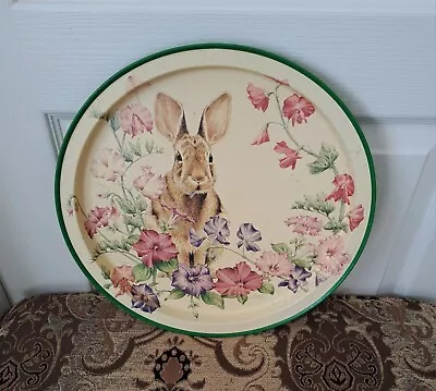 VTG 1994 Judy Mizell Art Metal Serving Tray Bunny Rabbit Petunia Garden  • $19.99