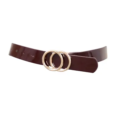 Women Brown Faux Leather Skinny Dressy Cool Belt Gold Metal Circles Buckle M L • $15.95