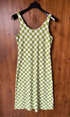 70's STYLE PRINT MAXI DRESS Green Check Stretch UK 14 👗 NEW • £9.95