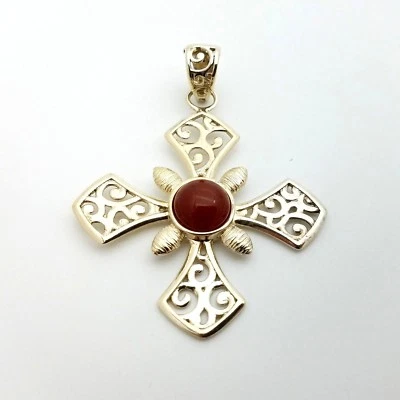 $29.99 • Buy Itaor Italy Sterling Silver Gold Plated Vermeil Maltese Carnelian Cross Pendant